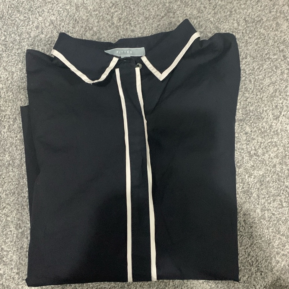 Foxcroft black long sleeve button down shirt with white trim
